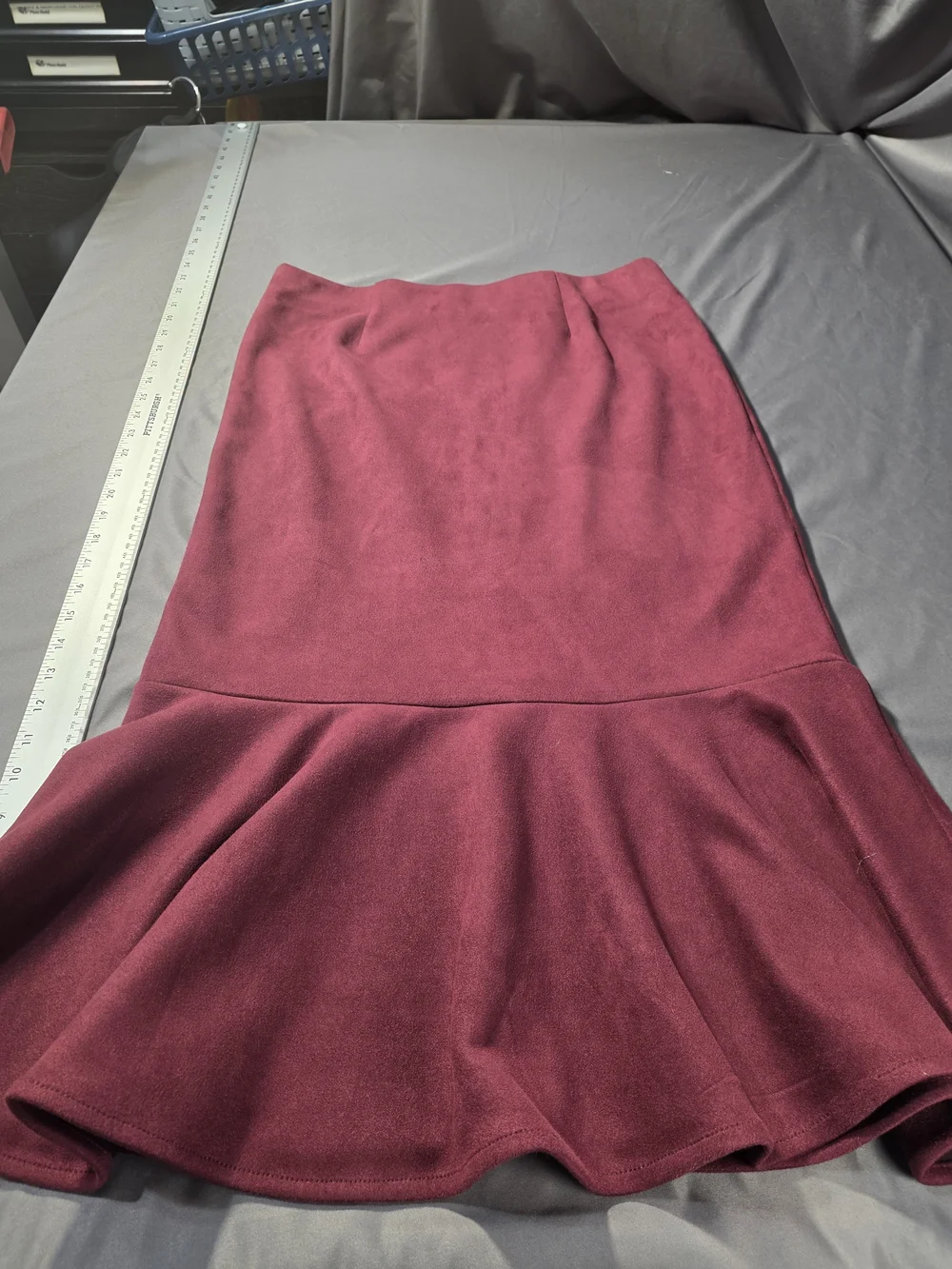 Messini Women's Burgundy Mermaid Flare Skirt – Size Med– Soft Stretch Faux Suade